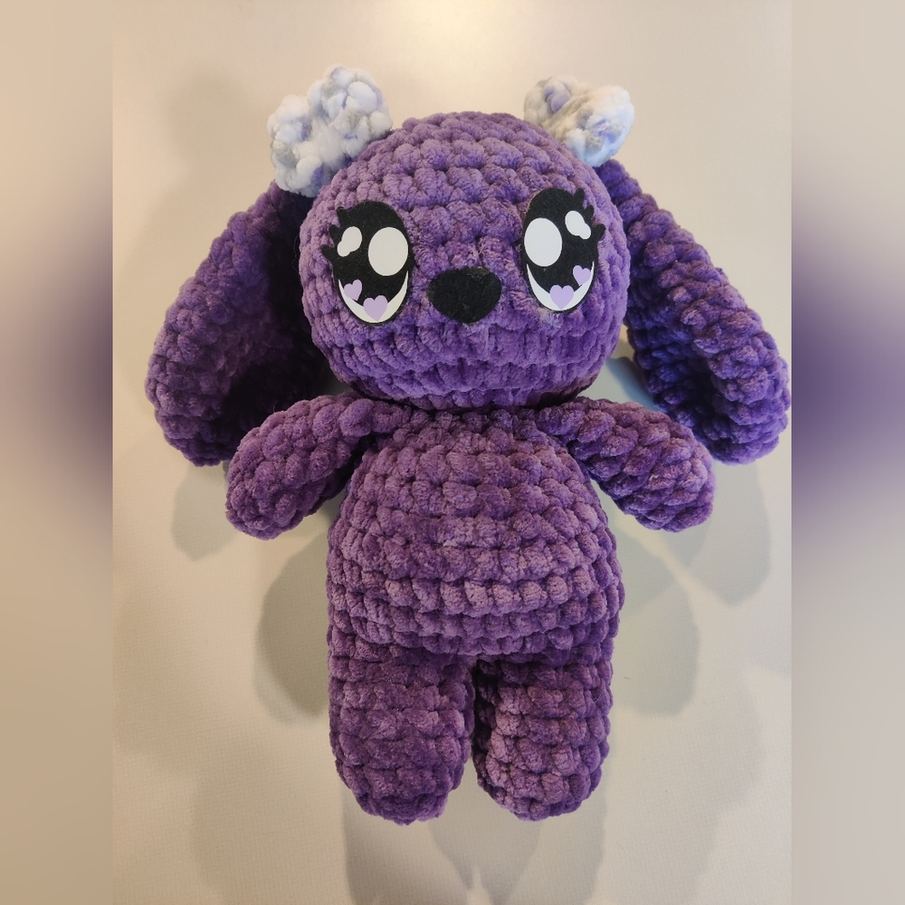 Crochet Purple Bunny With Heart Felt Eyes And Bows